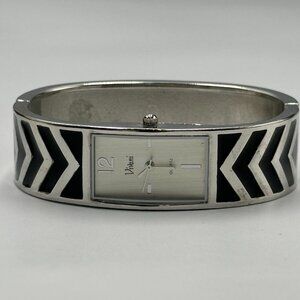 3/$30 Vivani Watch Women Silver Tone Black Enamel Chevron Bangle Band